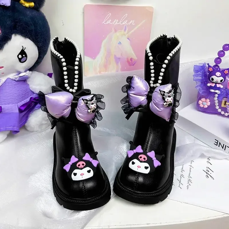 Sweet Kuromi Anime Sanrio Ins Fashion Cotton Long Boots Autumn Winter Cute Kawaii Leather Princess Shoes Y2k Gifts for Kids