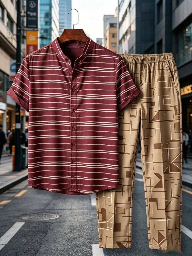 

Men Summer Stand Collar Striped Short Sleeve Shirt Geometric Print Drawstring Long Pants Business Casual Two Piece Outfit Set