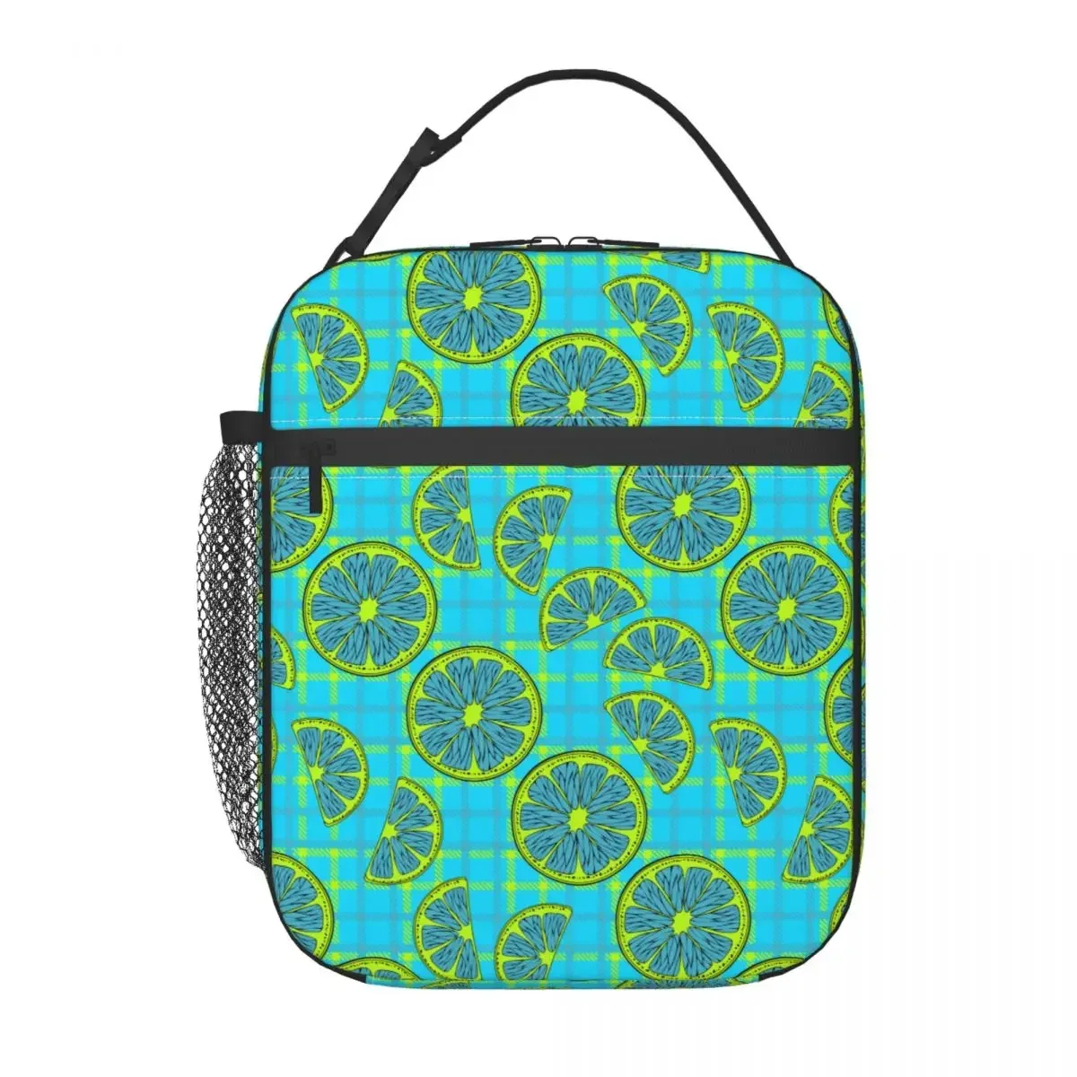 Insulated Lunch Tote Bag Blue Citrus On A Checkered Background Storage Food Box Causal Thermal Cooler Lunch Box For School