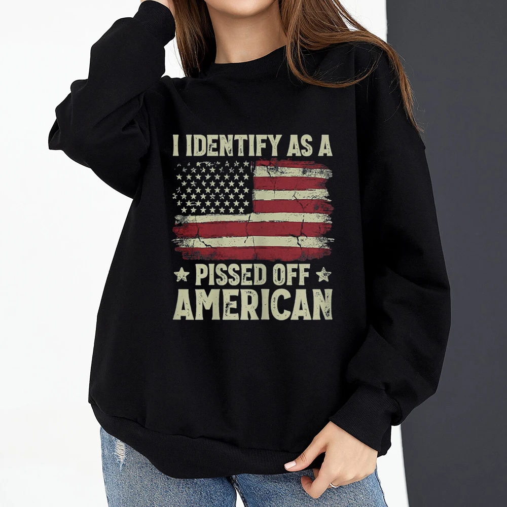 Vintage American Flag I Identify As A Pissed Off American Women Sweatshirt Fashion Long Sleeve O-neck Pullover Tops hoodies