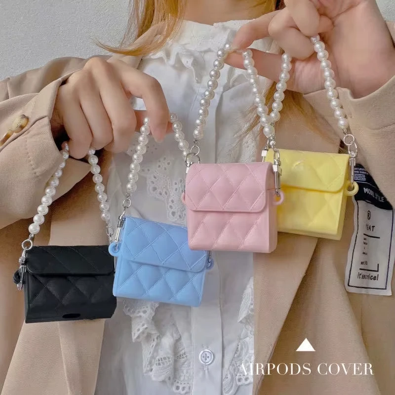 

For AirPods 1 2 3 Bluetooth Earphone Accessories Case French Luxury Brand Pearl Chain Handbag Suitable for AirPods Pro 2 Case