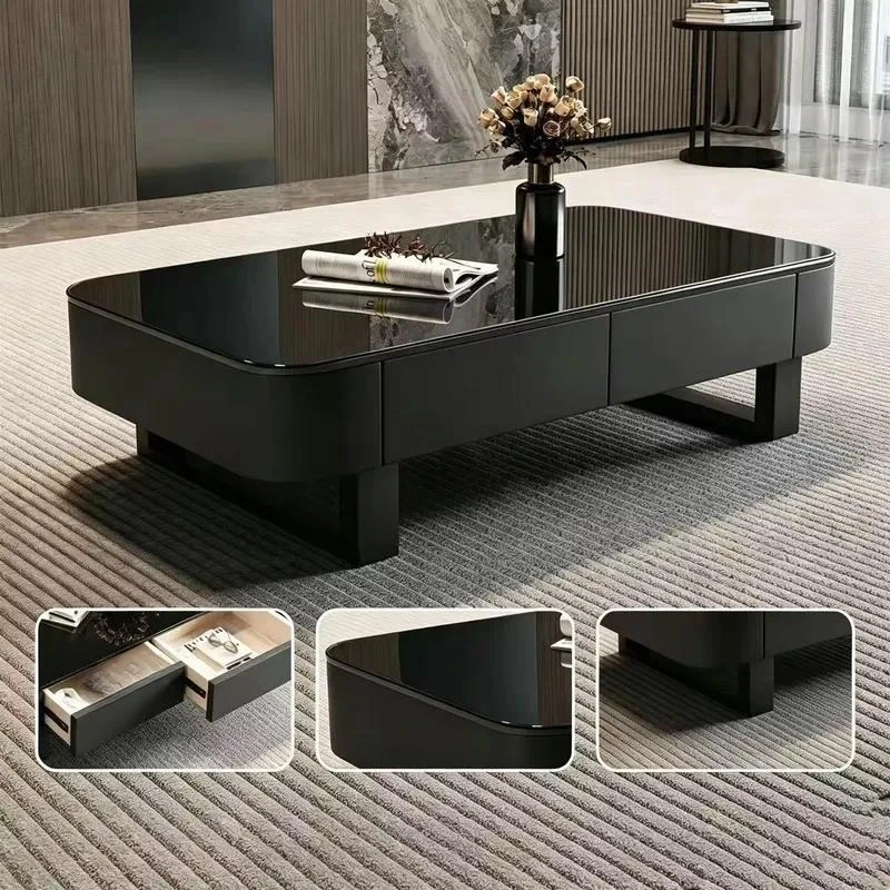Modern nested coffee table set with smooth microcrystalline stone surface with storage drawers
