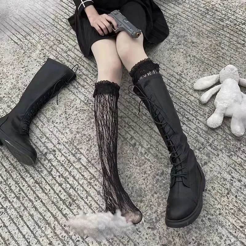 Lolita Long Tube White Lace Mesh Female Fishnet Cute Stockings Middle-tube Knee Socks Thin Section Student JK Girls Black Sexy