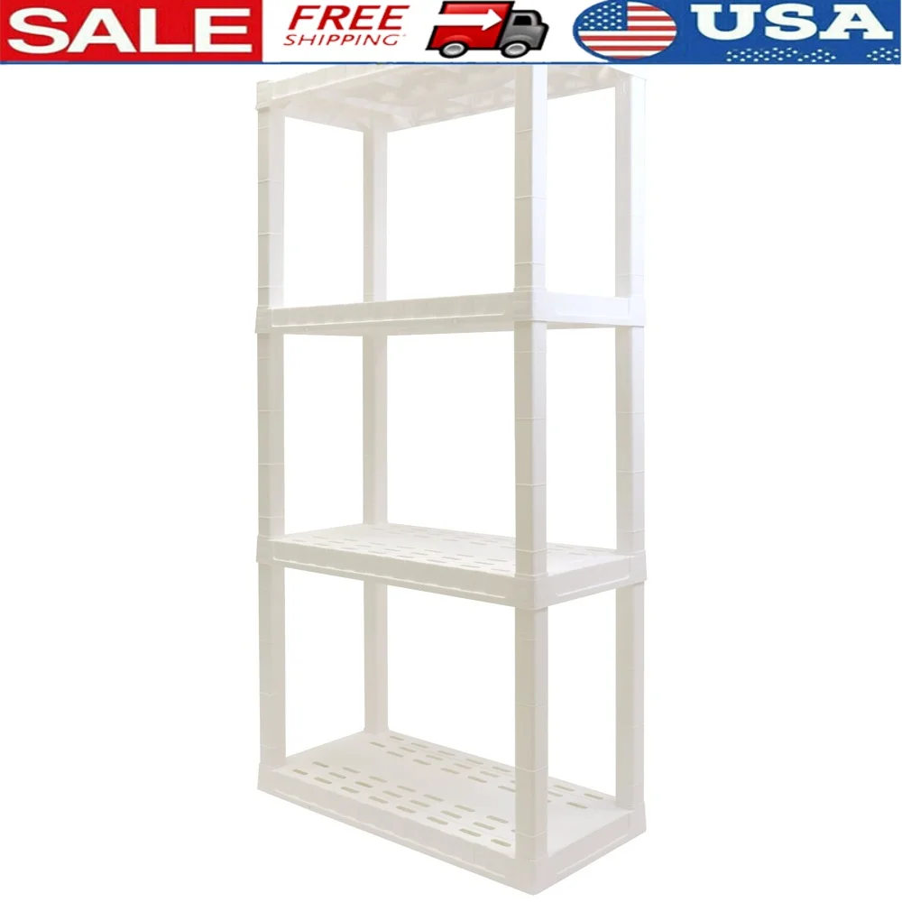 

Multipurpose Plastic Garage Shelves 4-Tier Storage Rack Heavy-Duty Interlocking Design 400 lbs Capacity Ventilated Assembly Home