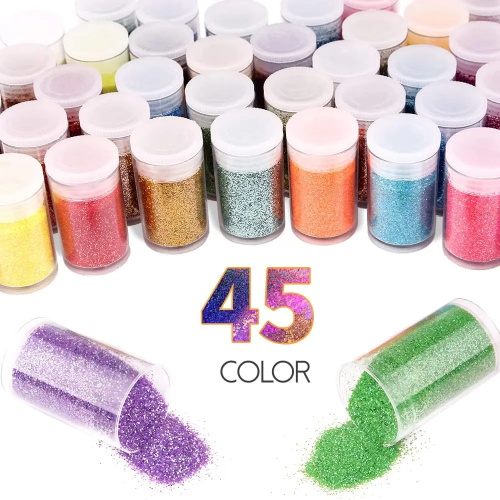 45 Colors Holographic Chunky and Fine Glitter Mix,  Festival Sequins & Powder, Iridescent Flakes,Nail Art Resin Loose Glitter