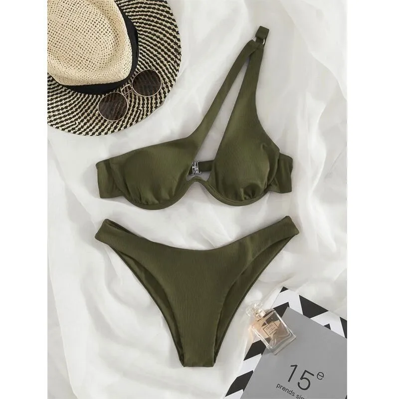 Women Bikini One Shoulder Top Black Ribbed Fabric Women's Beach Sets High Stretch Swimwear Thong Bottom Red Two Piece Swimsuit