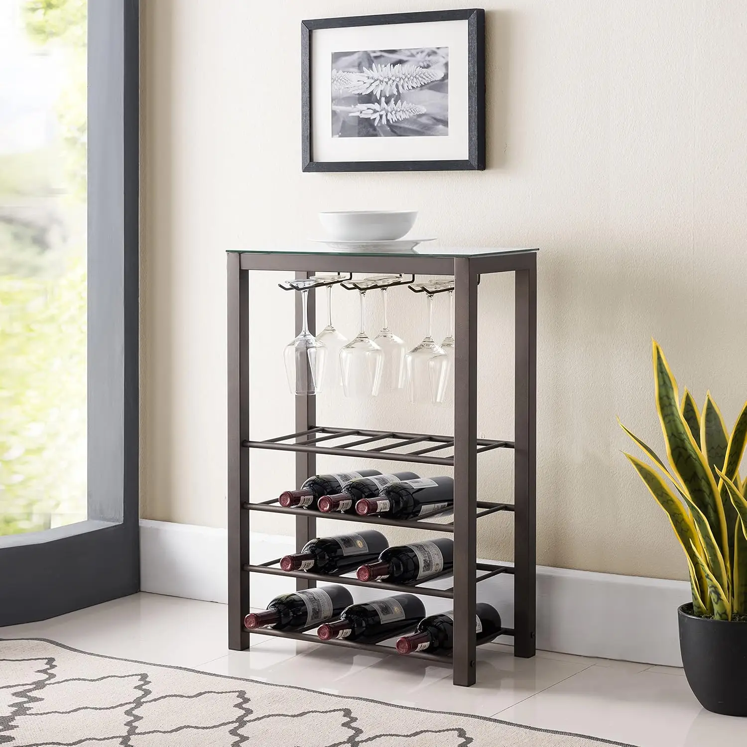 

Freestanding Wine Rack with Glass Top, Holds 20 Bottles and Glasses - Modern Bar Storage Table