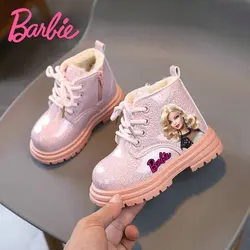 Dziewczęce buty Barbie zimowe dziewczęce pluszowe buty śniegowe dziecięce nadruk kreskówkowy dziecięce ciepłe antypoślizgowe buty z płaską podeszwą