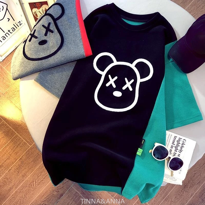 

Women Spring Summer Casual Loose Kawaii T-shirts Korean Style Oversize Tshirts Tops Bear Embroidered Stitches Female Clothing