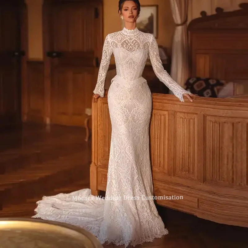 Mocaca Angepasst Neue Ankunft Spitze Lange Meerjungfrau Hochzeit Kleid Modest Hohe Kragen Anmutige Brautkleid Für Braut vestidos de