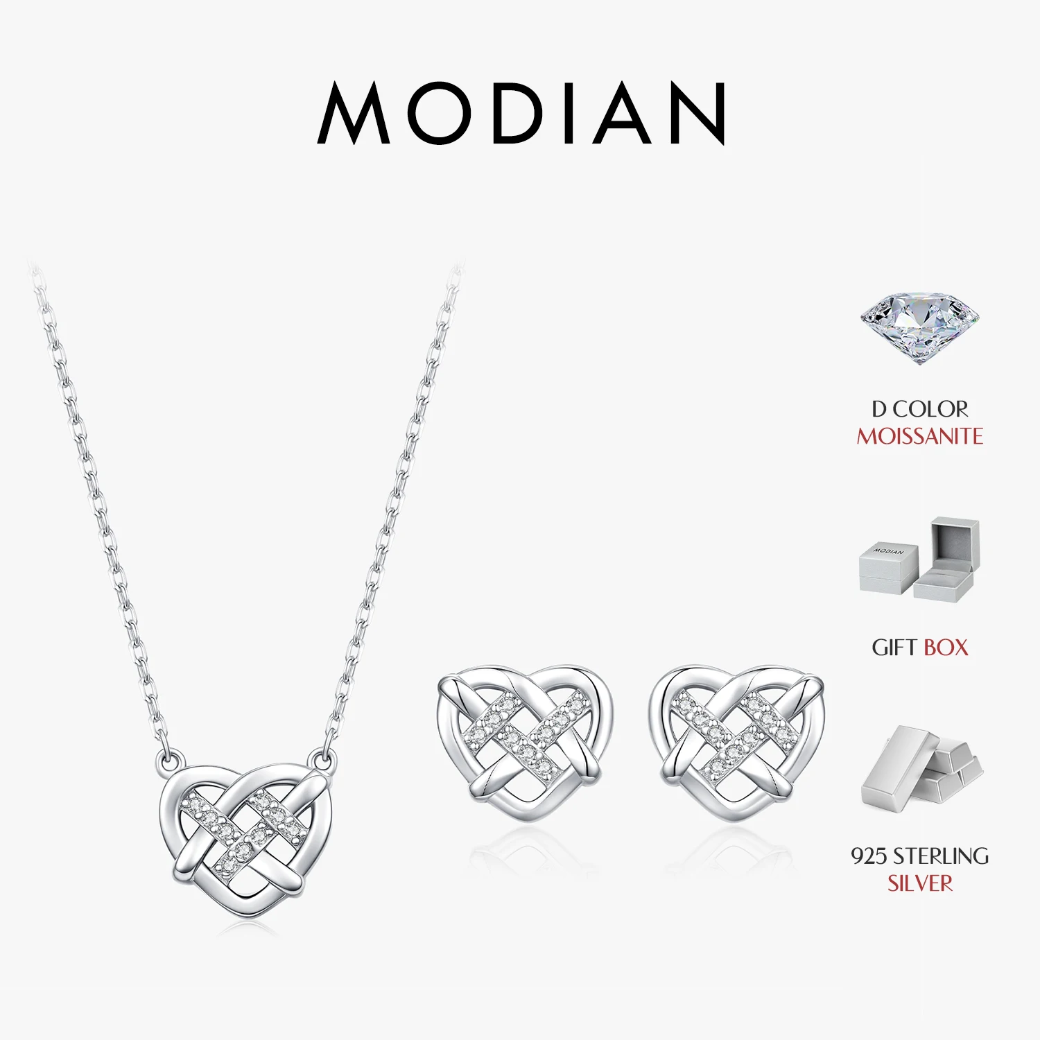 MODIAN D Color Moissanite 925 Sterling Silver Hollow Woven Heart Pendant Necklace & Stud Earrings for Women Fine Jewelry Set