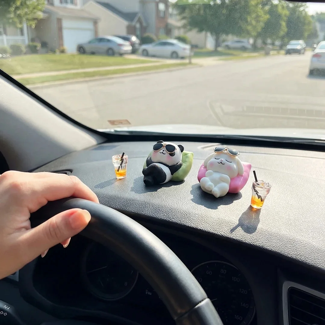 Cute Panda  Bunny Car Dashboard Decor Relaxed Resin Animal Figurines Car Interior Decor Home Office Desk Mini Statues Ornament