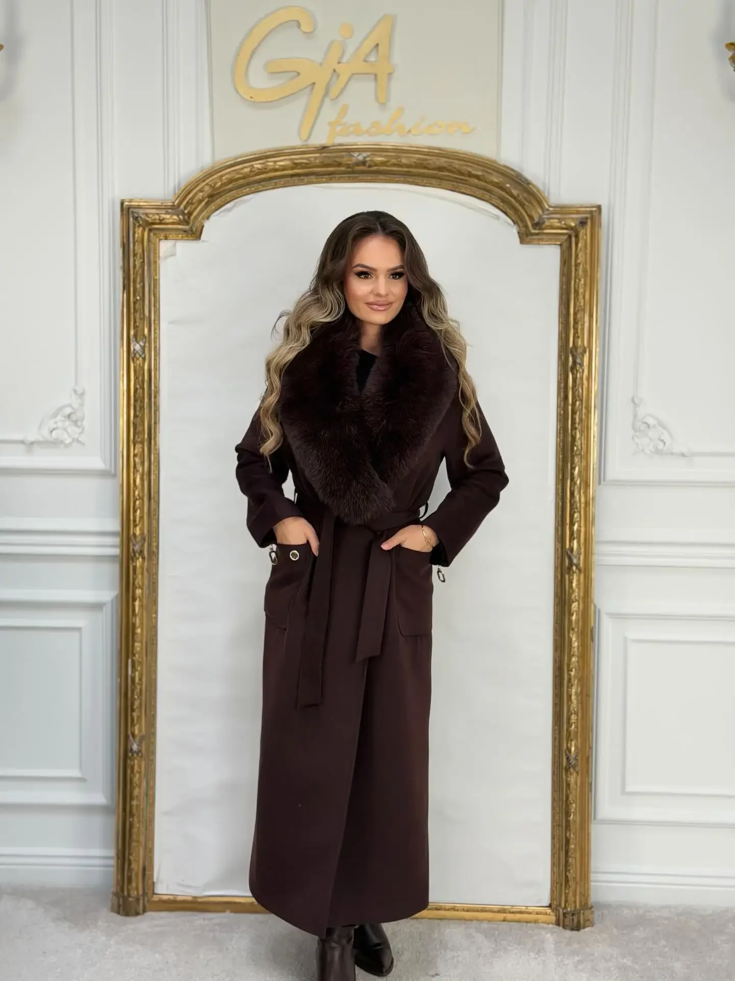 Chic Lace Up Fur Collar Patchwork Woolen Overcoat Women Solid V-neck Full Sleeve Loose Coats 2026 Lady High Street Warm Outwears