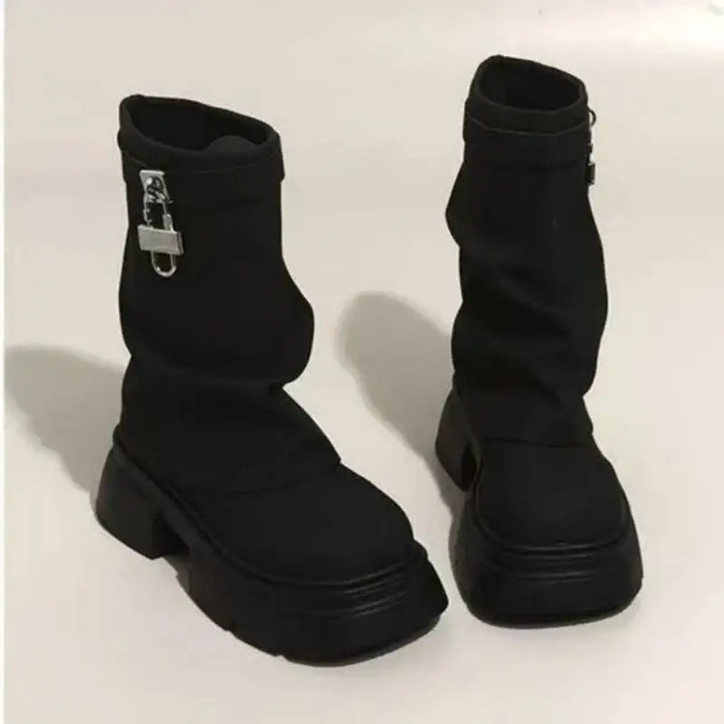Women Slouch Ankle Boots Thick Platform Round Toe Slouchy Short Booties Metal Lock Decor Slip On Casual Autumn Winter Shoes