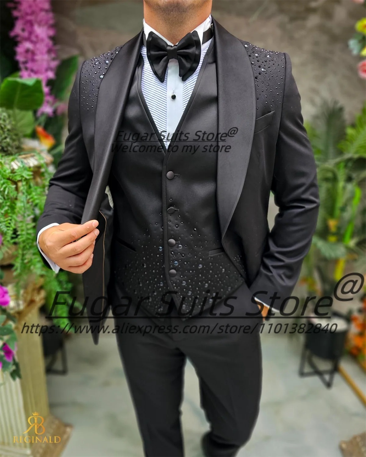Black Luxuly Men Suits High-end Beadwork Groom Wedding Tuxedos Customized Slim Fit Shawl Lapel 3 Pcs Sets Classic Costume Homme