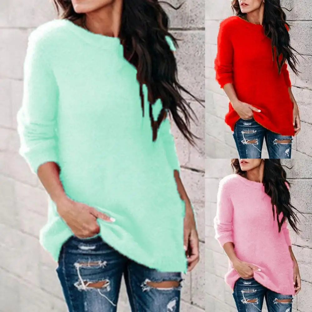 Sweater rajut wanita, atasan Pullover longgar leher O warna Solid kasual untuk S-5XL tarik femme