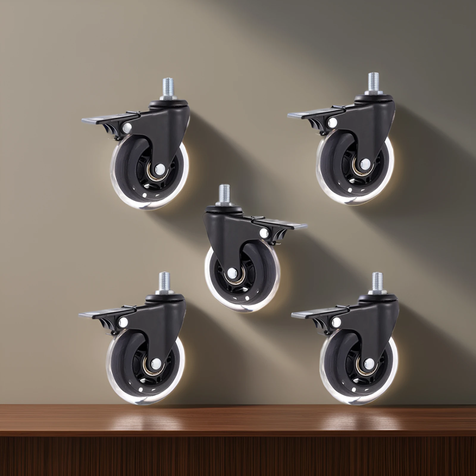 

Универсальные тормозные колеса-ролики из полиуретана (5 шт.) M6/M8/M10 для мебели, самокатов, тележек – с электрофорезным покрытием, цвет «лед»