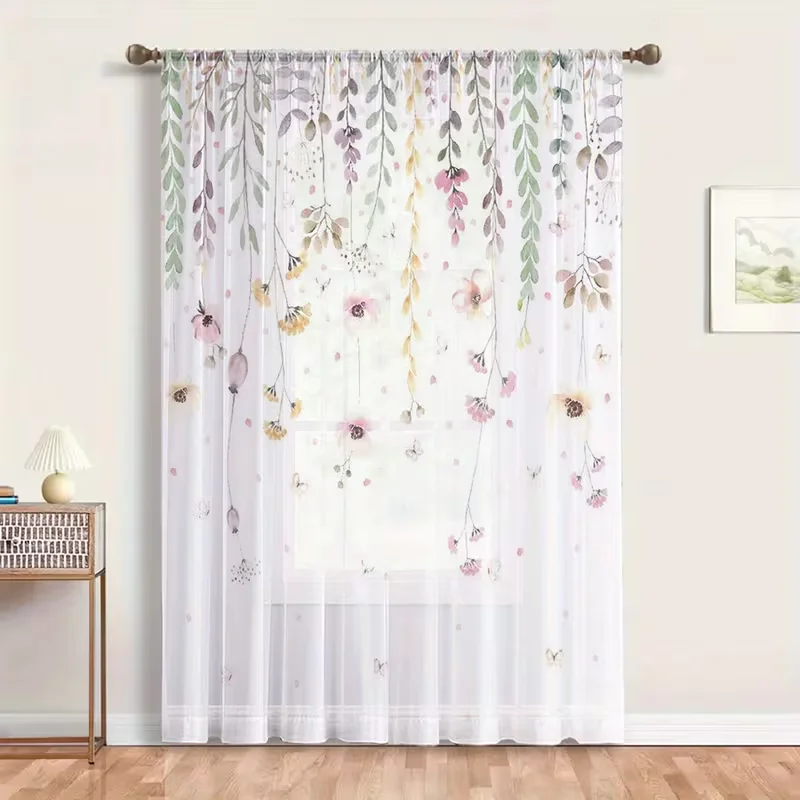 2pcs Watercolor Pastel Floral Vine Sheer Curtain - Romantic Botanical Window Drape for Bedroom