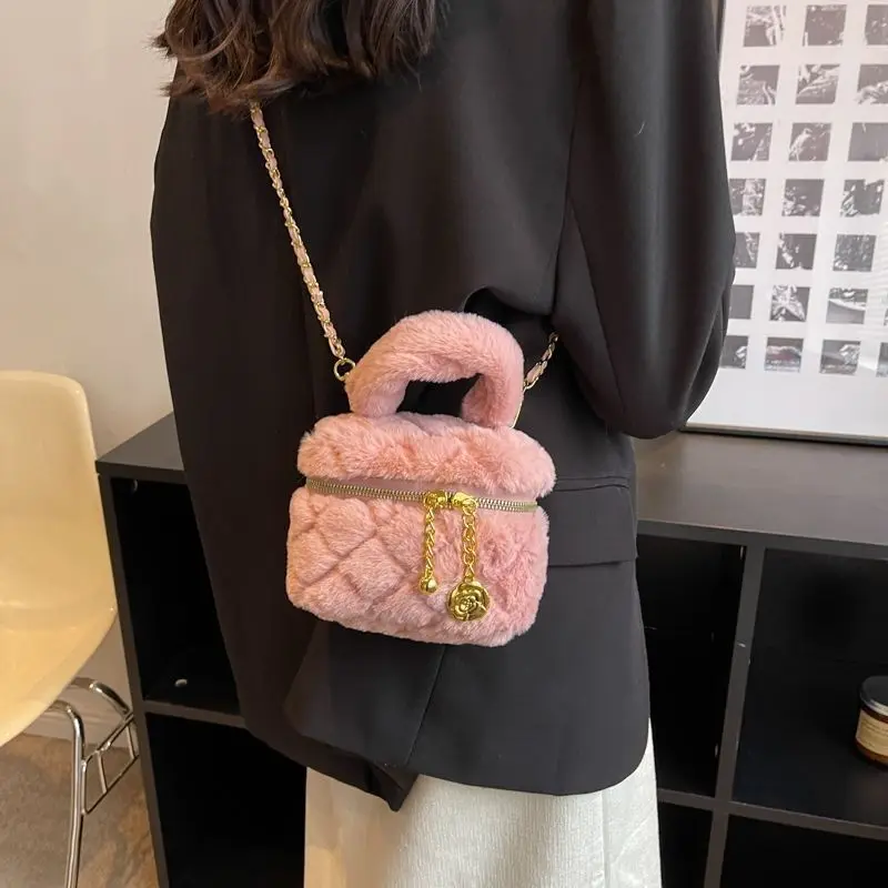 

JIAERDI милая плюшевая сумка-коробка женская маленькая вместительная сумка через плечо с ромбовидным узором и цепочкой женская модная зимняя новая сумка через плечо