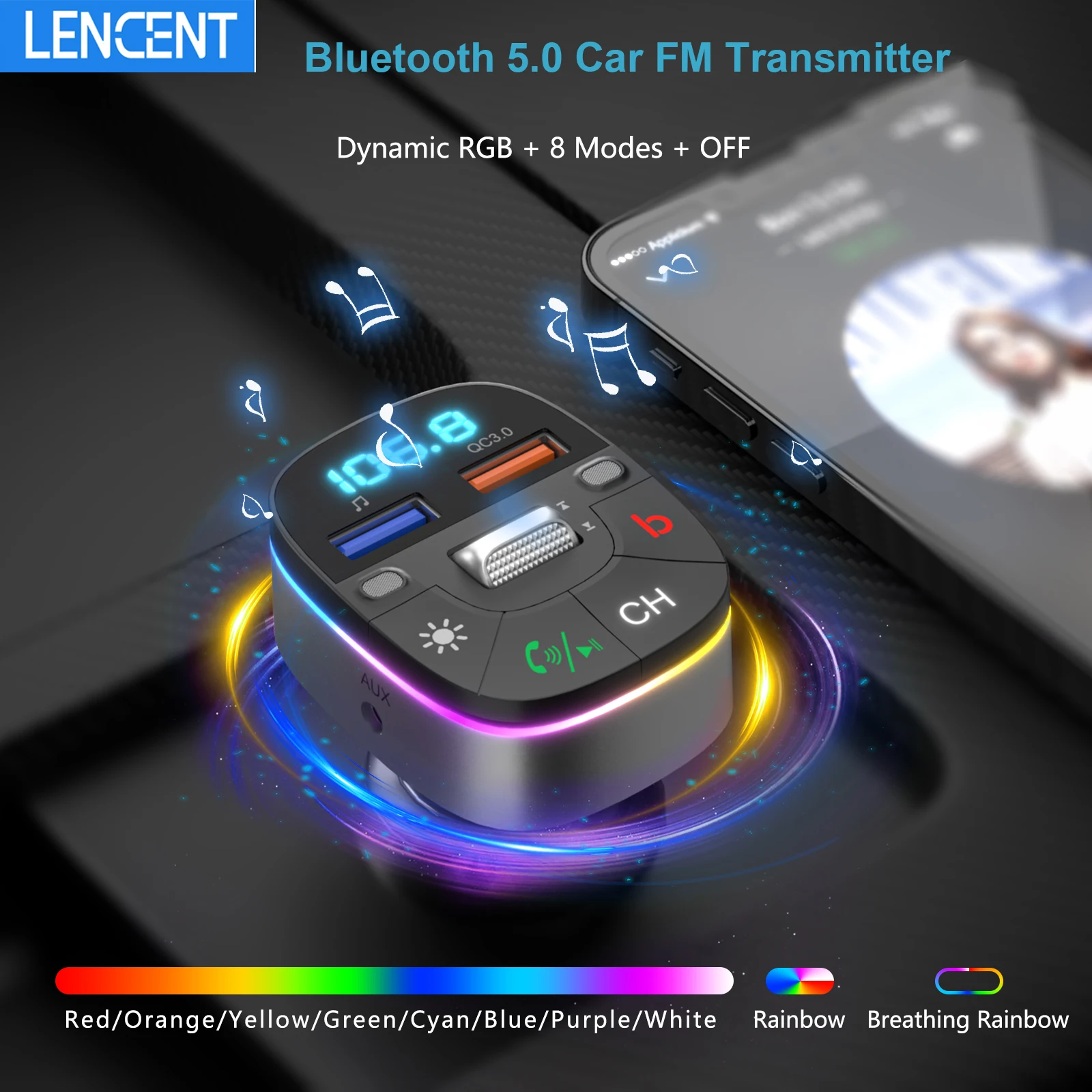 Trasmettitore FM Bluetooth 5.0 LENCENT con 2 porte USB caricabatteria da auto veloce QC3.0 Kit per auto colorato supporto per lettore Mp3 vivavoce