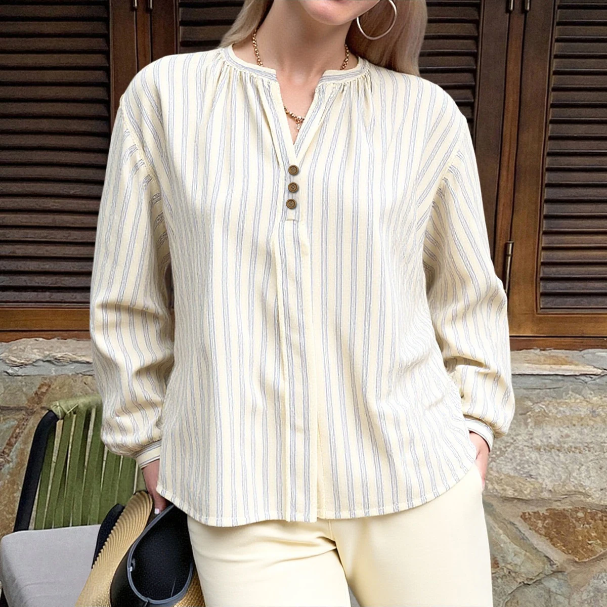 

Mia Muse Women's Shirt Autumn Casual 2025 Stripes Split Neck Long Sleeve Regular Fit Daily Shirt