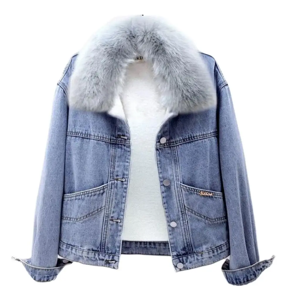 Women Plus Velvet Warm Casual Thicken Coats Letter Snow Wear Wash Blue Vaqueras Chaquetas Faux Fur Collar Winter Denim Jackets