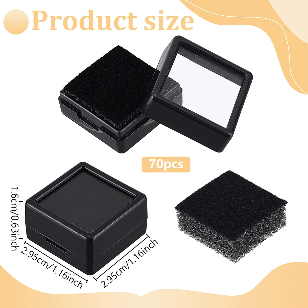 70 Pack Black Display Box 1.16x1.16x0.63Inch Plastic Square Jewelry Storage Box with Clear Top Lids