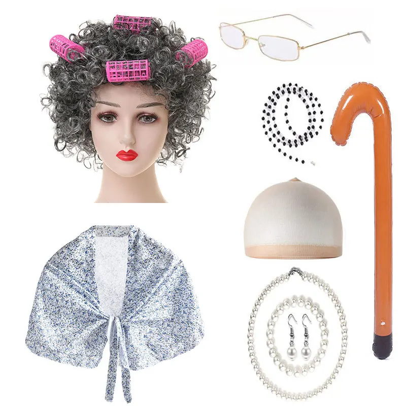

Hot-selling Granny Wig Cos Halloween Dance Show Props Gray Curly Hair Wig Set