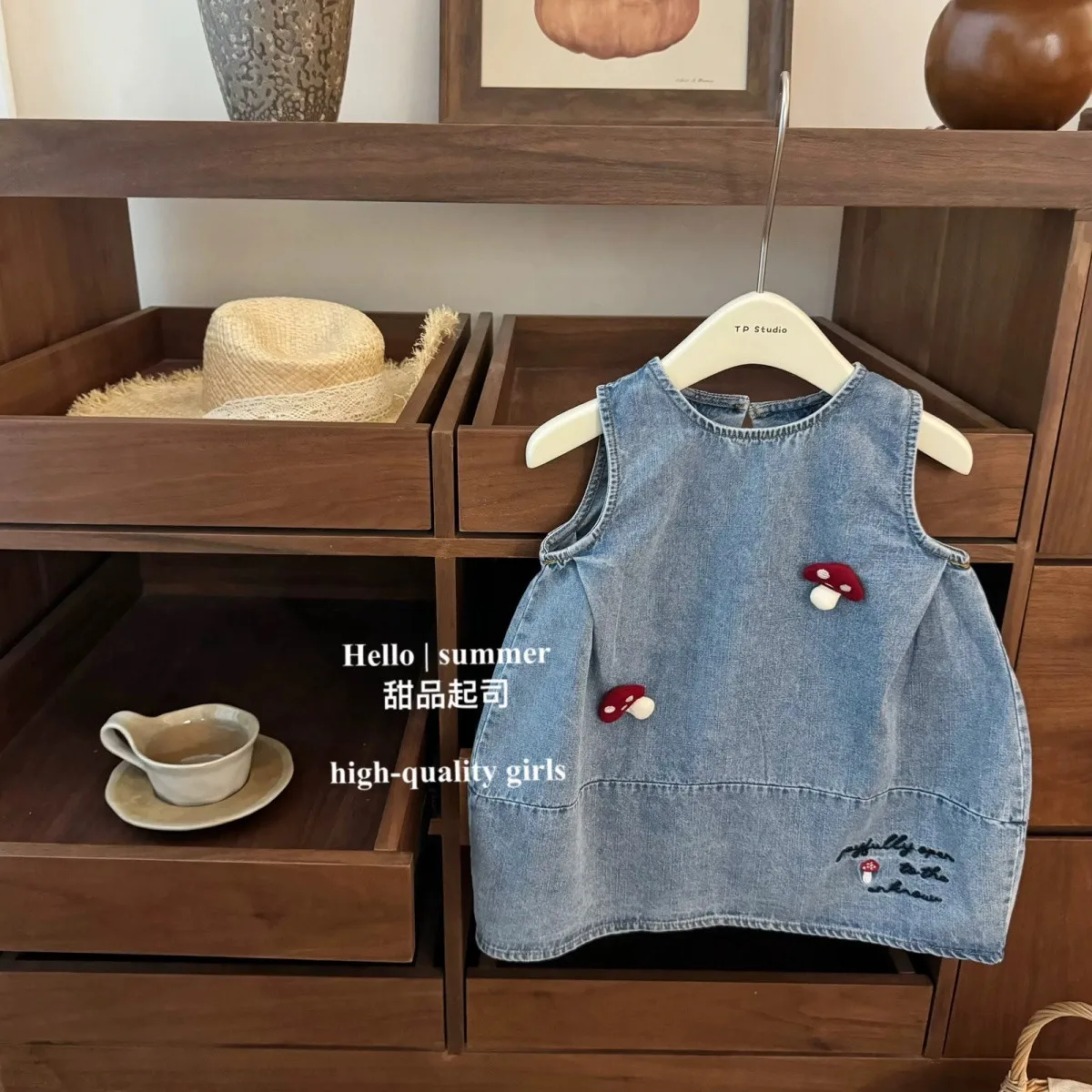 Baby Girl Dress Summer Children Embroidered Mushroom Cowboy Flower Bud Vest Dress