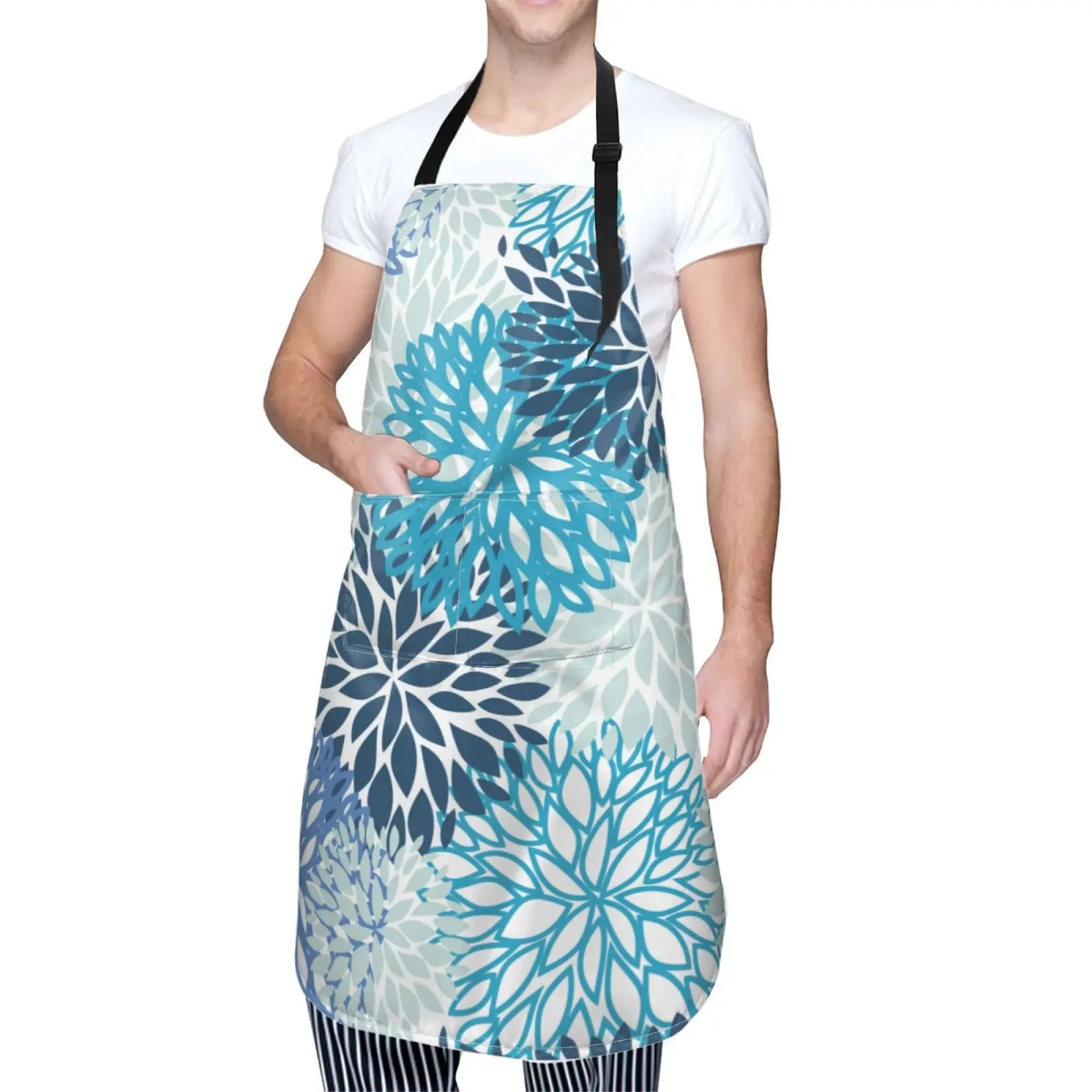 Chrysanthemum Flowers (Aqua Blue) Waterproof Apron With 2 Pockets Daisy Floral Kitchen Chef Aprons Bibs For Cooking