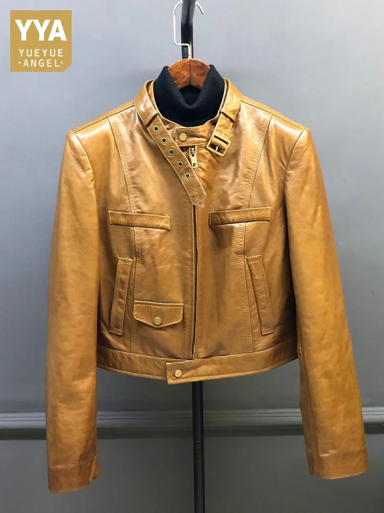 

Женская короткая мотоциклетная куртка из натуральной кожи с воротником-стойкой, однотонная, на молнии, весенняя, уличный стиль, приталенная, из натуральной овчины