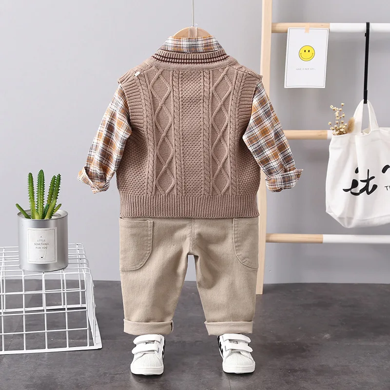 New Spring Autumn Kids Fashion Korean Checkered Knitted V-neck Sweater Tank Shirt Pants Three Piece Set for Boys And Girls