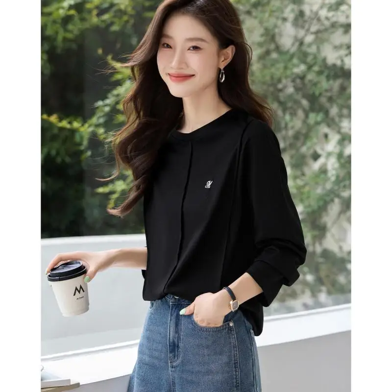 New Women's Casual Basic Versatile Women's T-shirt Round Neck Simple Long Sleeved Base T-shirt