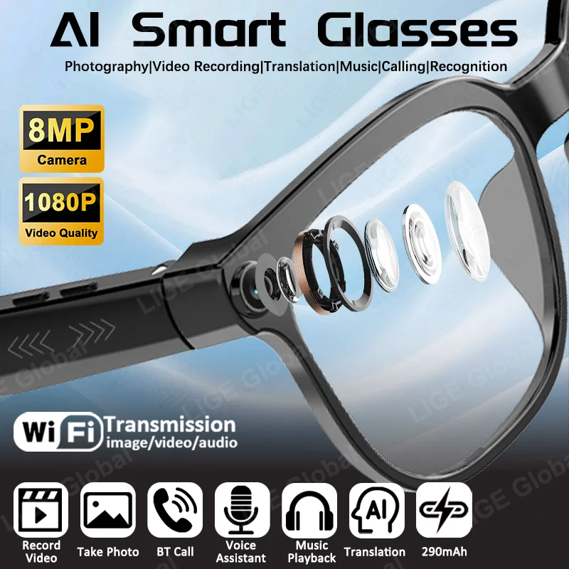 LIGE 8MP AI Smart Glasses Multifunctional HD Camera 1080P Video Bluetooth Call Voice Assistant Music Player Translate Sunglasses