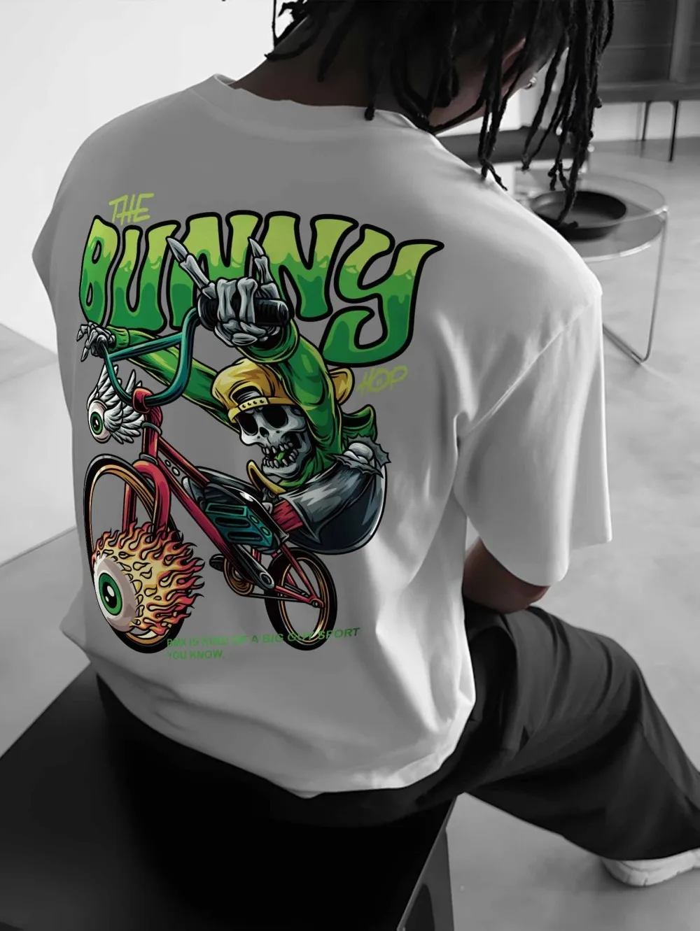 New American Men's Summer Skeleton Bicycle Flame Letter Printed Micro Elastic Breathable Round Neck T-shirt Outdoor Street Top