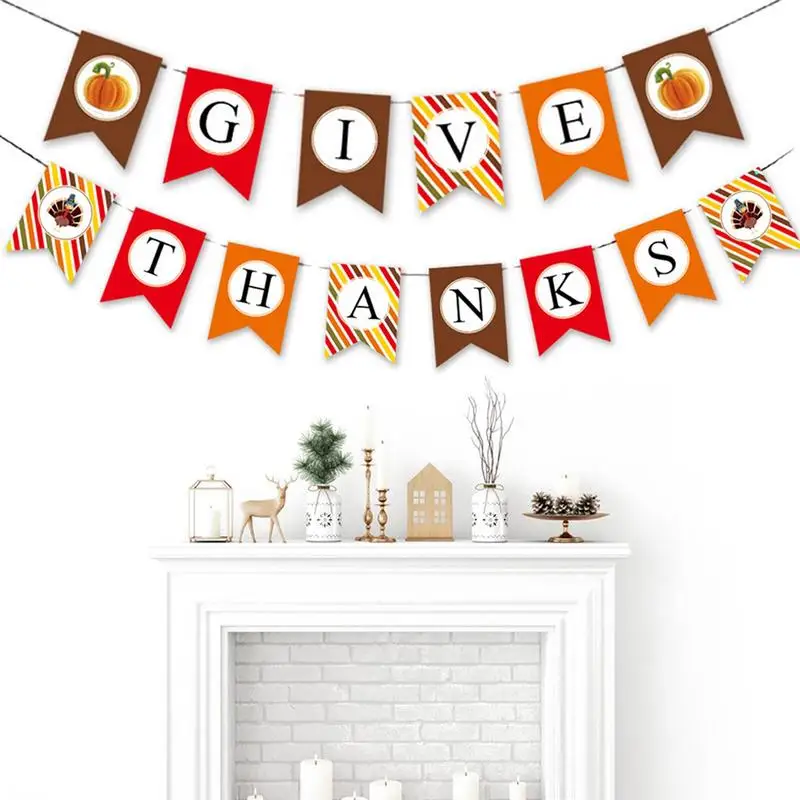 Thanksgiving Banner Give Thanks Hanging Bunting Banner Flag Thanksgiving Day Harvest Festival Bunting Banner For Birthday