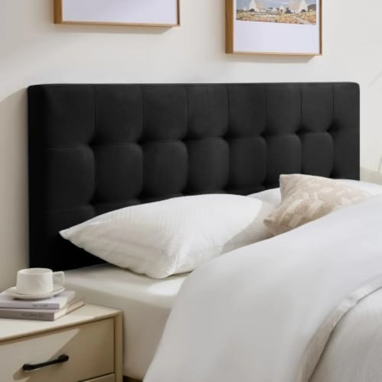 Linen Stitched Tufted Queen Headboard, Adjustable Height 37.2-46 in, Black | Wood Twin Headboard Only, Padded Support