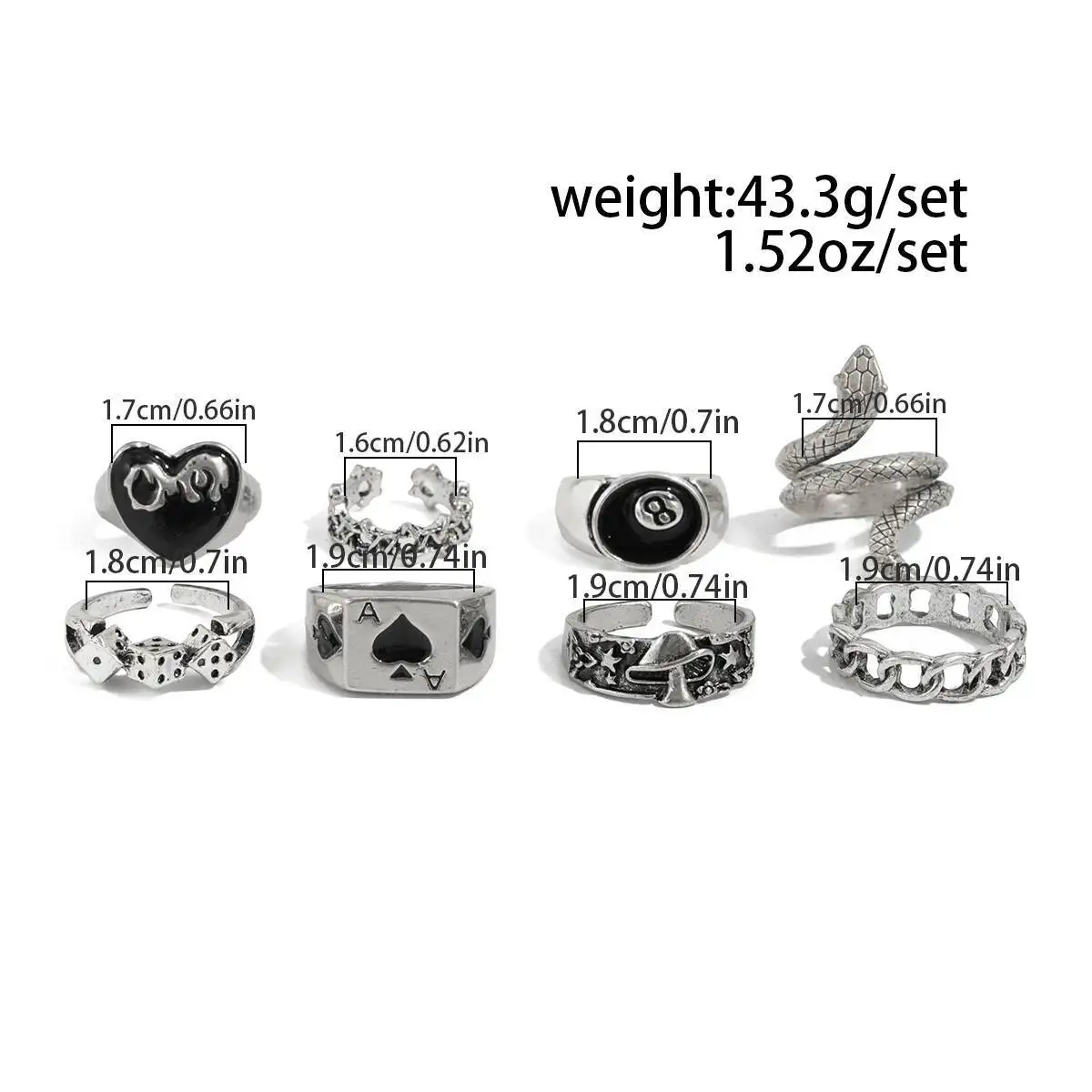 IngeSight.Z 8 قطعة خمر الشرير النرد الحب القلب الدائري المرأة القوطية الإبداعية الفضة اللون المعادن خواتم الاصبع مجوهرات هالوين هدية