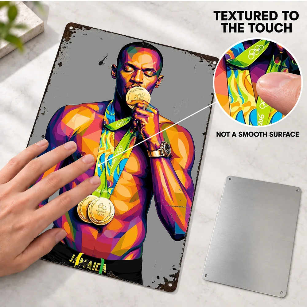 Usain Bolt Medal Portrait Textured Metal Poster Customized Aluminum Sign Gold Disc Ribbon Closeup Graphic Wall Art For Bedroom