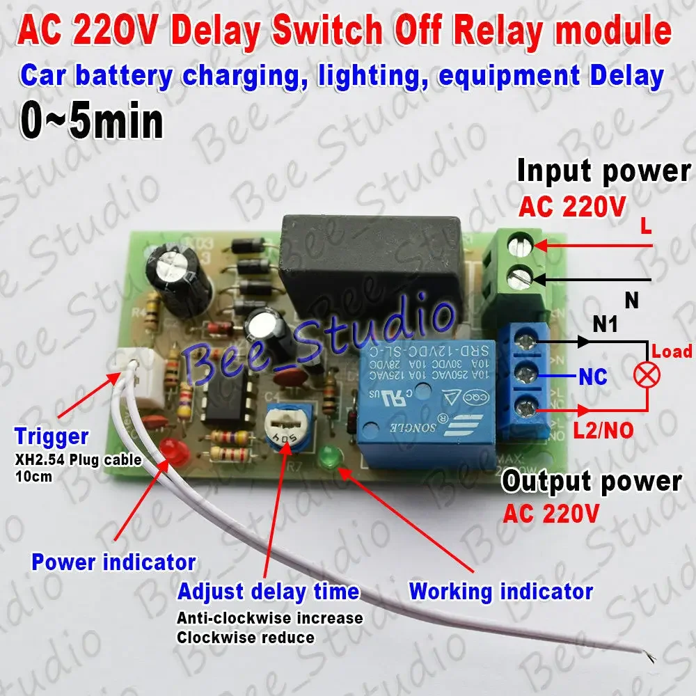 AC 220V 230V 240V wyzwalacz opóźniacz czasowy wyłącz moduł przekaźnika czasowego 0-5Min regulowany