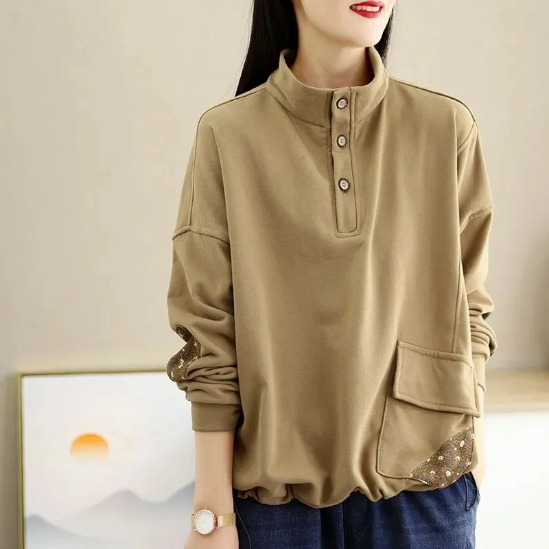 

Ladies Stand Collar Sports Shirt Top Spring Autumn Femme Loose Hoodies Coat Retro Women New Sweatshirt Jacket