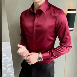 Men's Luxury Navy Satin Dress Shirts 2023 Brand New Slim Fit Long Sleeve Shirt for Men Business Casual Strech Chemise Homme