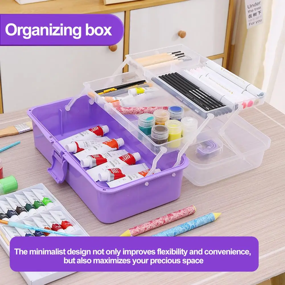 Multi-Layer Organizer Box With Handle Triple Folding Paint Brush Sewing Supplies Sundries Storage Case For Arts Crafts Tools