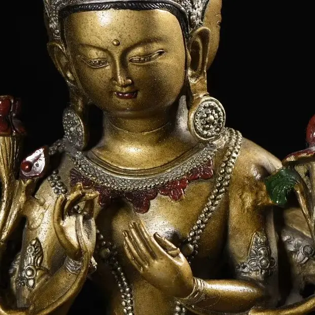 Old Bronze Painted 3 heads and 8 arms  Namgyalma Sitting Buddha Lotus Buddha Terrace Amitabha Buddha Worship Hall