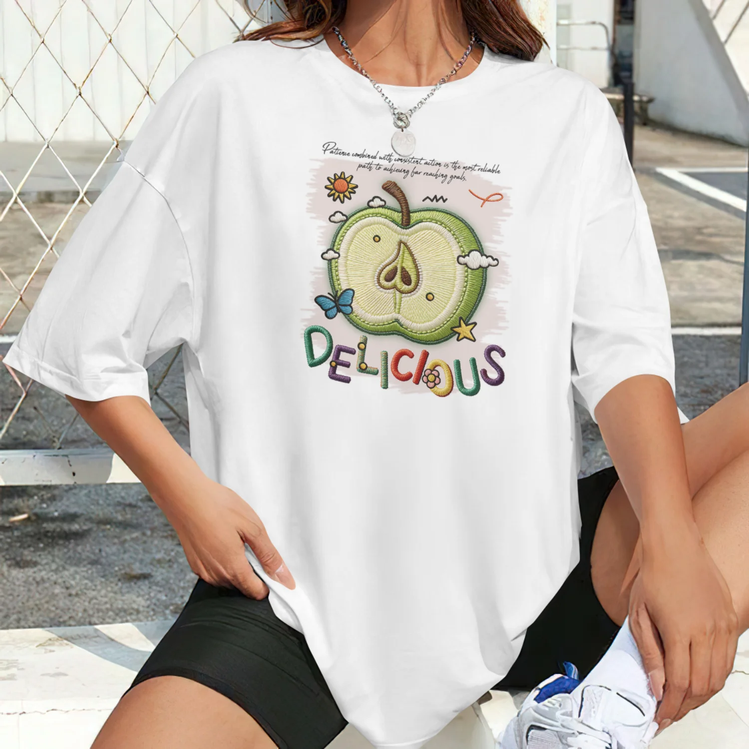 Delicious Apple Print  T-Shirt Y2k Coquette Ribbon T Shirt Oversized Short Sleeve Aesthetic Graphic Tee Female Fashion Clothing