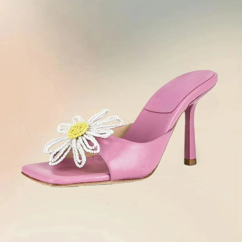 

Sunflower Appliques Pink Open Toe Slippers Slip On Women Shoes Thin High Heels Open Toe Party Banquet 2026 Zapatos Para Mujere
