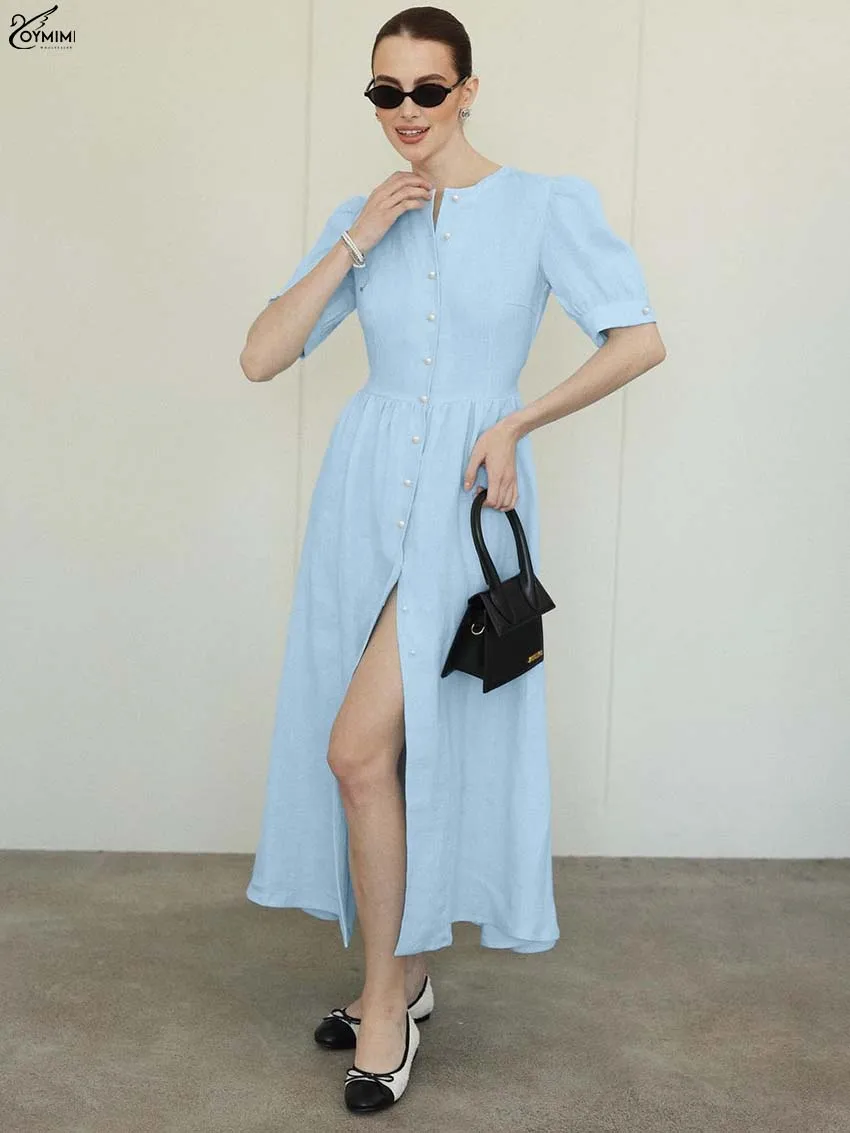 Oymimi Elegant Khaki Cotton Dresses 2025 Woman Autumn O-Neck Short Sleeve Single Breasted Dresses Fashion Lace-Up Mid-Calf Dress