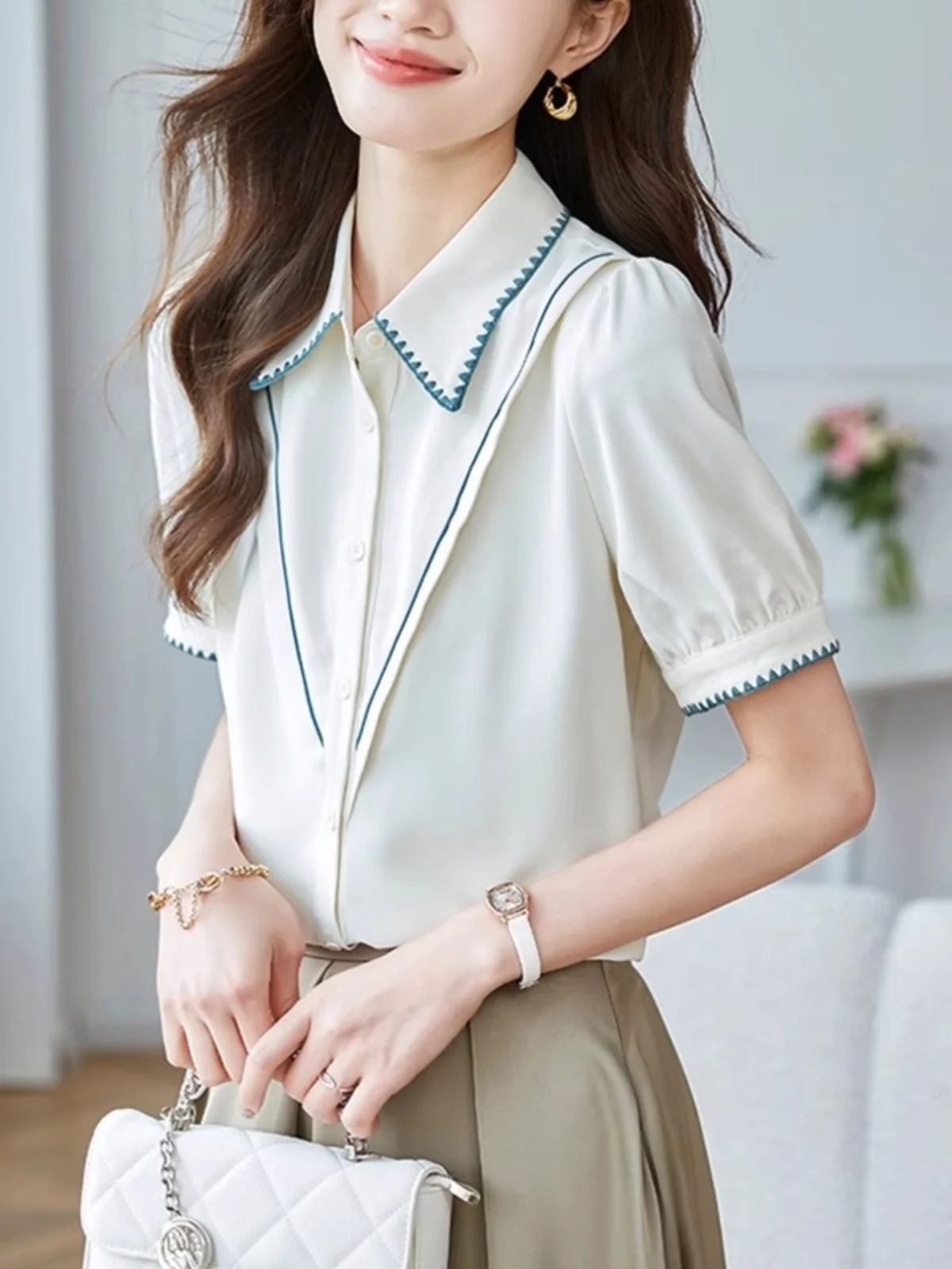 

Ele Unique Women's Chiffon irt ort Sve Commute Sle Regular Fit Polyester Fiber Pure Color Summer New Design