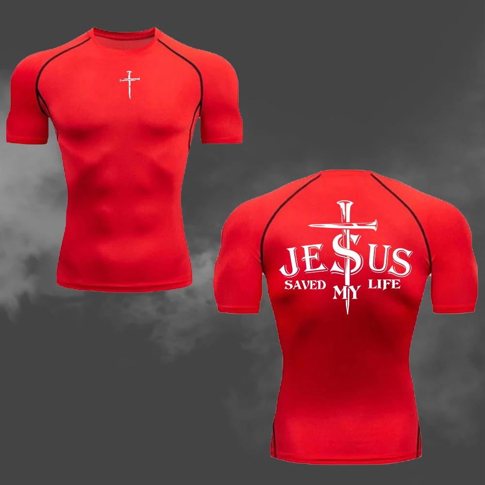 Herren-Kompressions-T-Shirt mit Jesus-Kreuz-Doppeldruck, schnell trocknend und atmungsaktiv, kurzärmelig, für Fitness, Gym, Laufen, Training – Detail 12