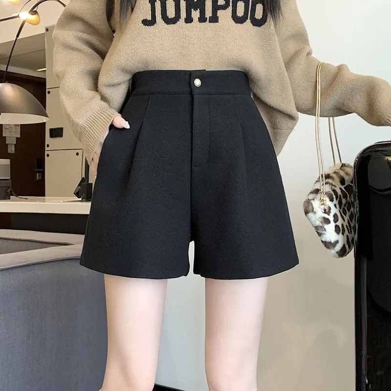 Dicker Shorts Frauen Wolle A-line Alle-spiel Freizeit Hohe Taille Koreanische Mode Baggy Reine Farbe Breite Bein Herbst Streetwear ins